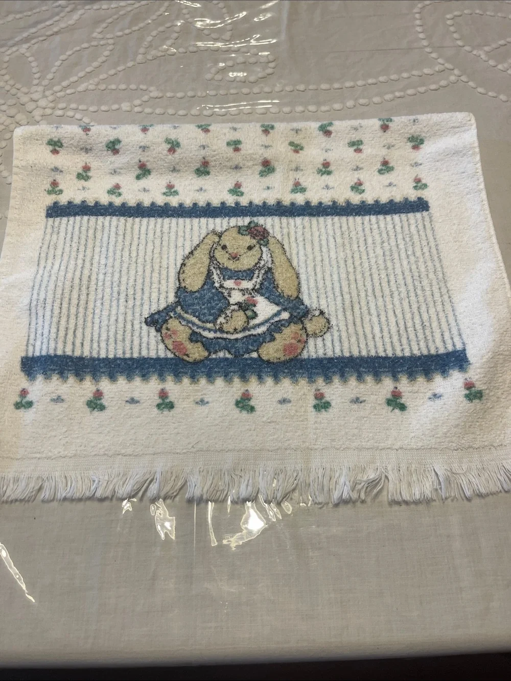 Plush Bunny Embroidered Hand Towel - Cream and Blue